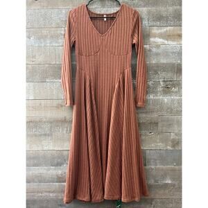 Halara Ribbed Knit V Neck Long Sleeve Flare Midi Casual Dress, M. NWT